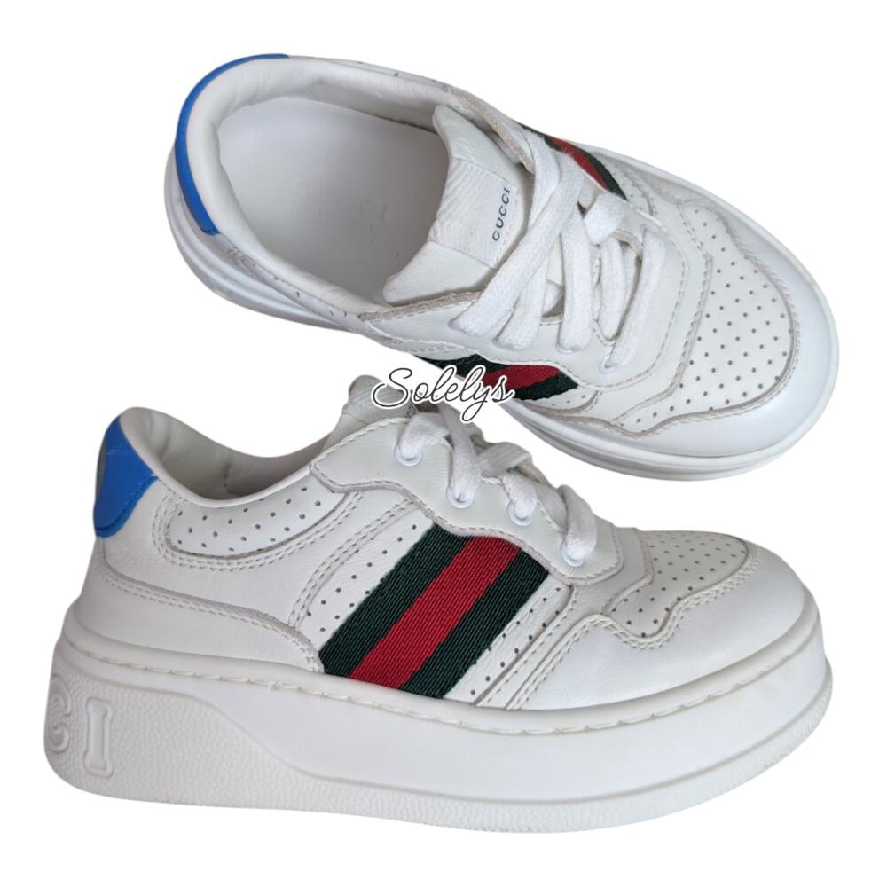 Gucci Kids Chunky GG Logo Leather Web White Blue Sneaker Toddler EU 25 US 9